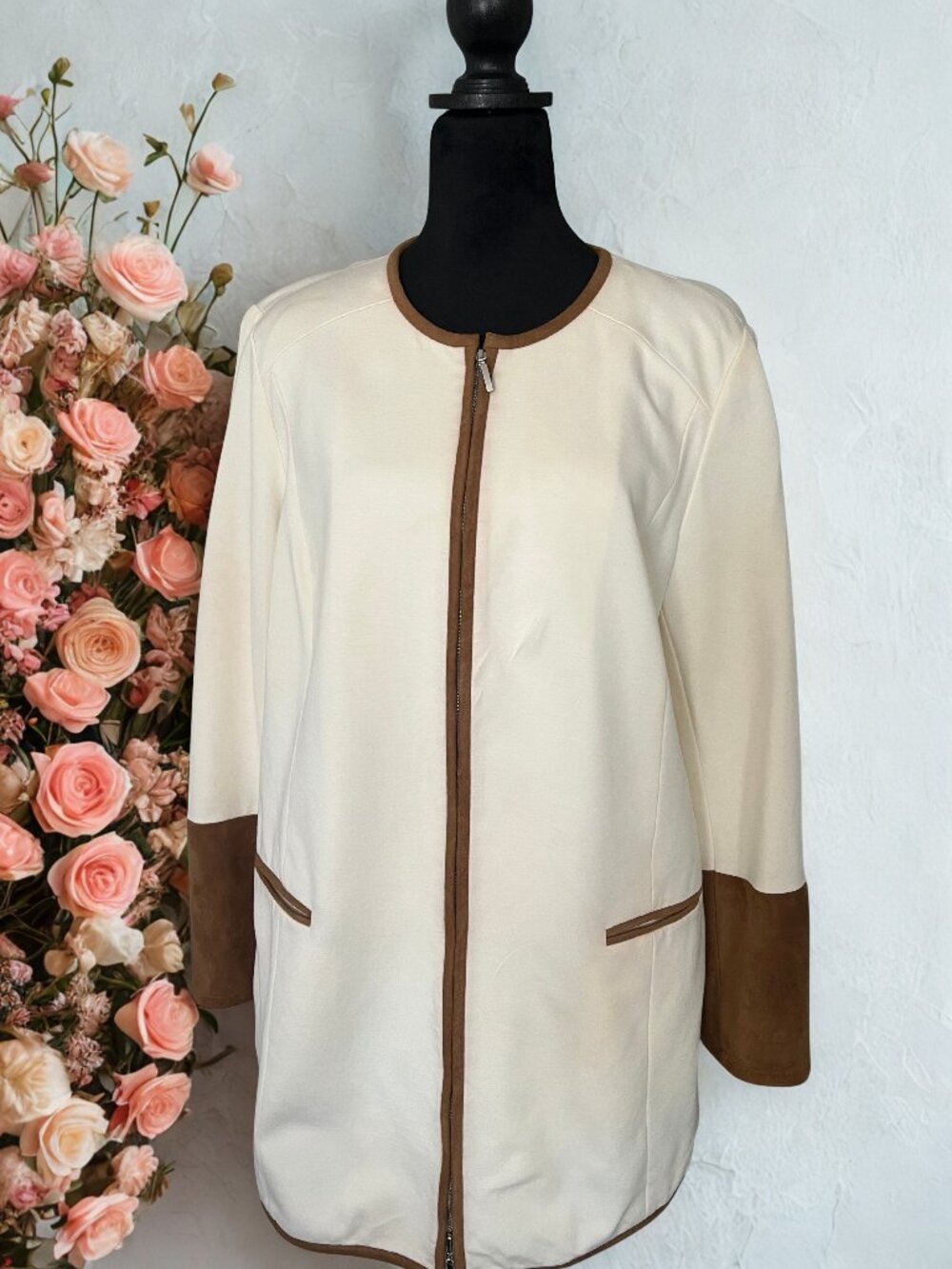 Chico's Cream Jacket with Faux Suede Trim - Pant Coat